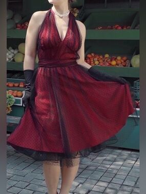 RETRO STGAGE RED 1950S HALTER DOTS MESH SWING DRESS ARM PIT 16” NWT